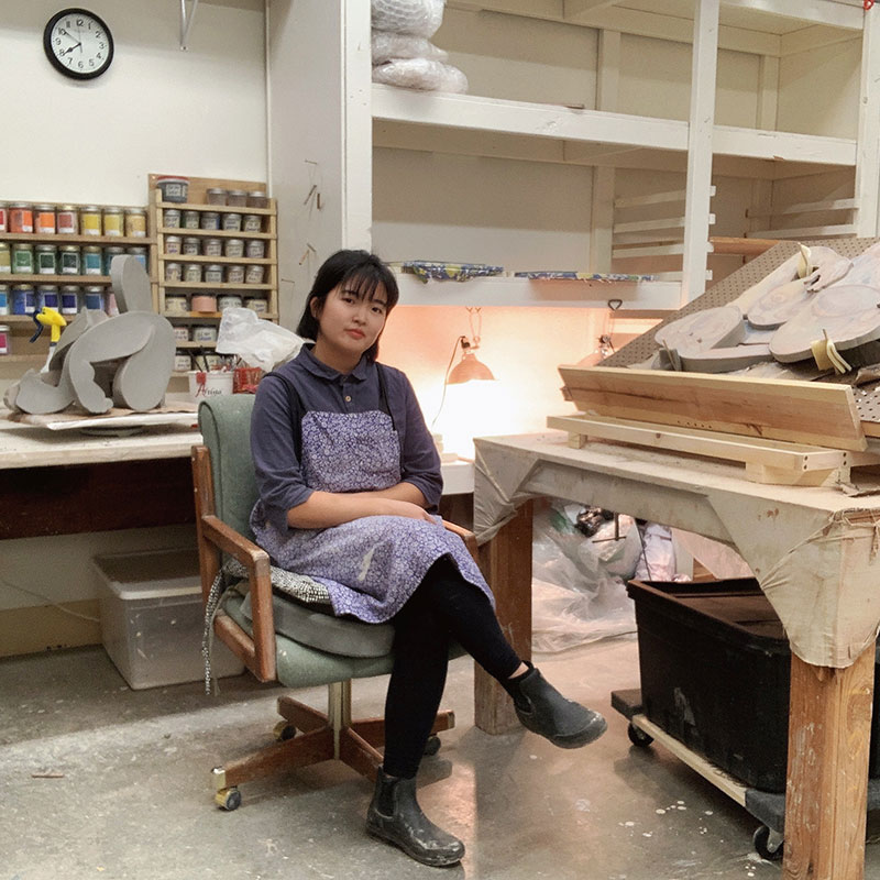 Long-term Resident Soojin Choi in Studio with art work