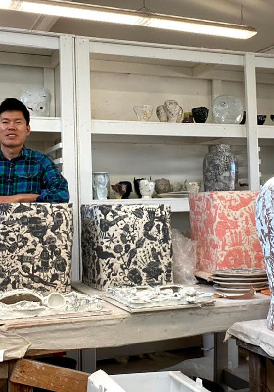 Long-term Resident Yeonsoo Kim in Studio with art work